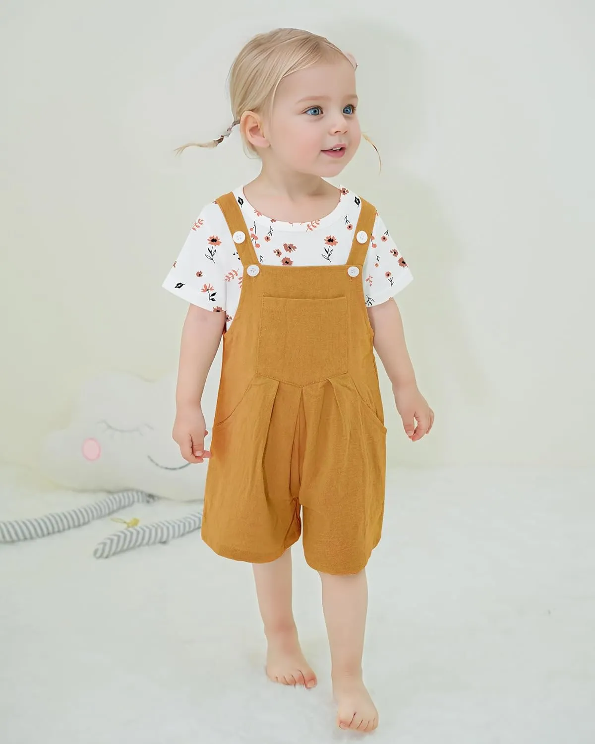ZOEREA Toddler Girl Clothes, 2Pcs Baby Girl Outfits Spring/Summer Stripe/Floral T-Shirt Bib Overall Shorts Clothing Set 1-5T