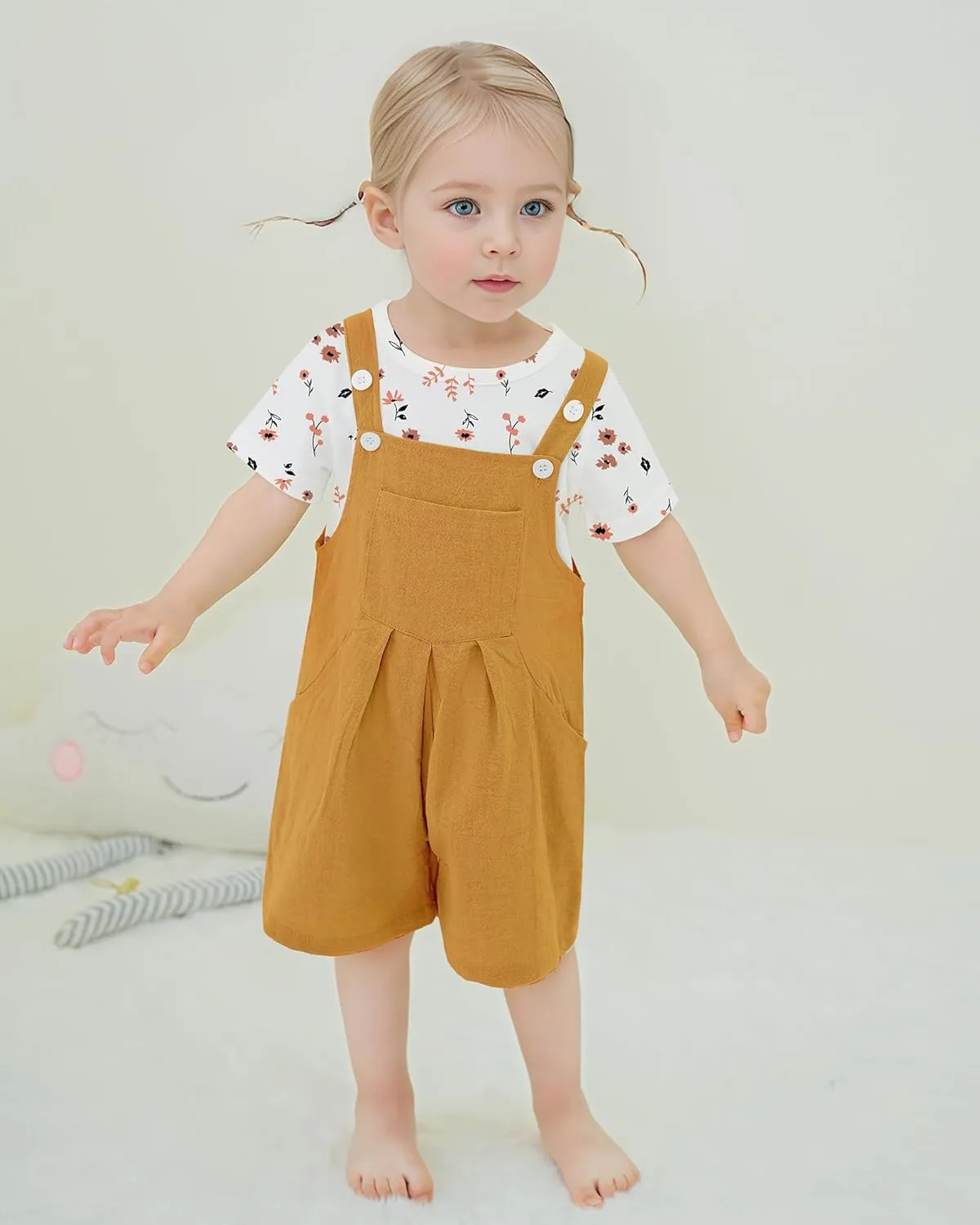 ZOEREA Toddler Girl Clothes, 2Pcs Baby Girl Outfits Spring/Summer Stripe/Floral T-Shirt Bib Overall Shorts Clothing Set 1-5T