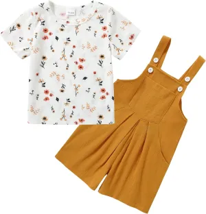 ZOEREA Toddler Girl Clothes, 2Pcs Baby Girl Outfits Spring/Summer Stripe/Floral T-Shirt Bib Overall Shorts Clothing Set 1-5T