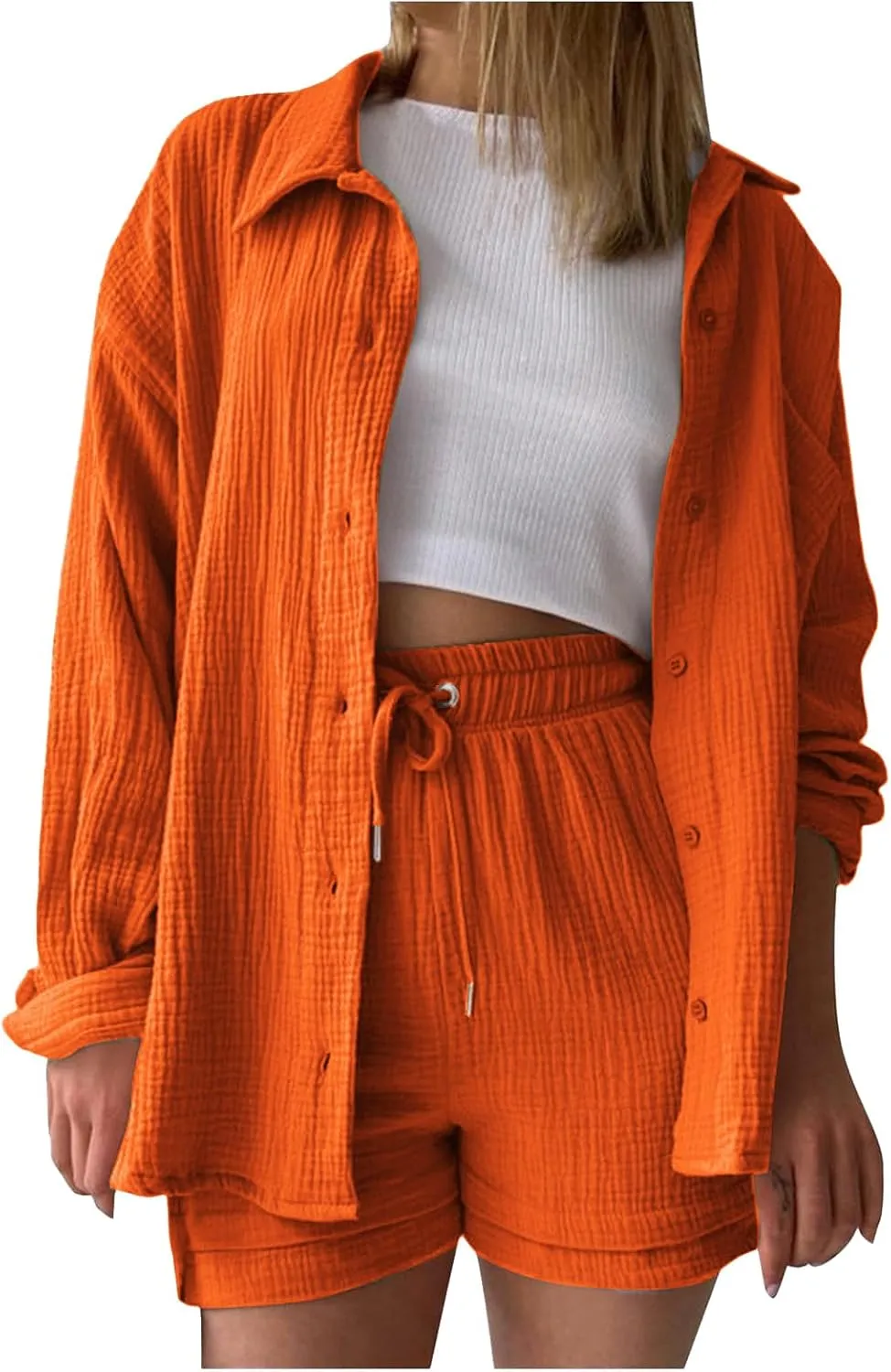 ZWRXW Linen 2 Piece Sets for Women Lightweight Spring Summer Two Piece Oversized Shirts and Shorts Matching Set Beach Outfits