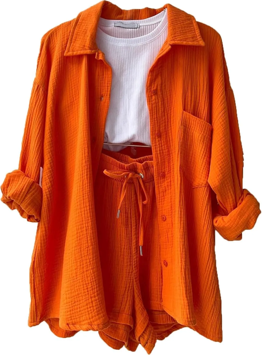 ZWRXW Linen 2 Piece Sets for Women Lightweight Spring Summer Two Piece Oversized Shirts and Shorts Matching Set Beach Outfits