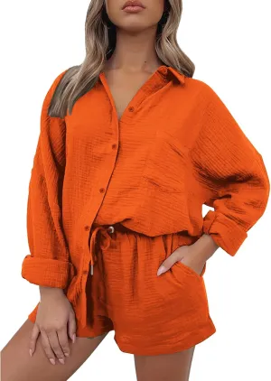 ZWRXW Linen 2 Piece Sets for Women Lightweight Spring Summer Two Piece Oversized Shirts and Shorts Matching Set Beach Outfits