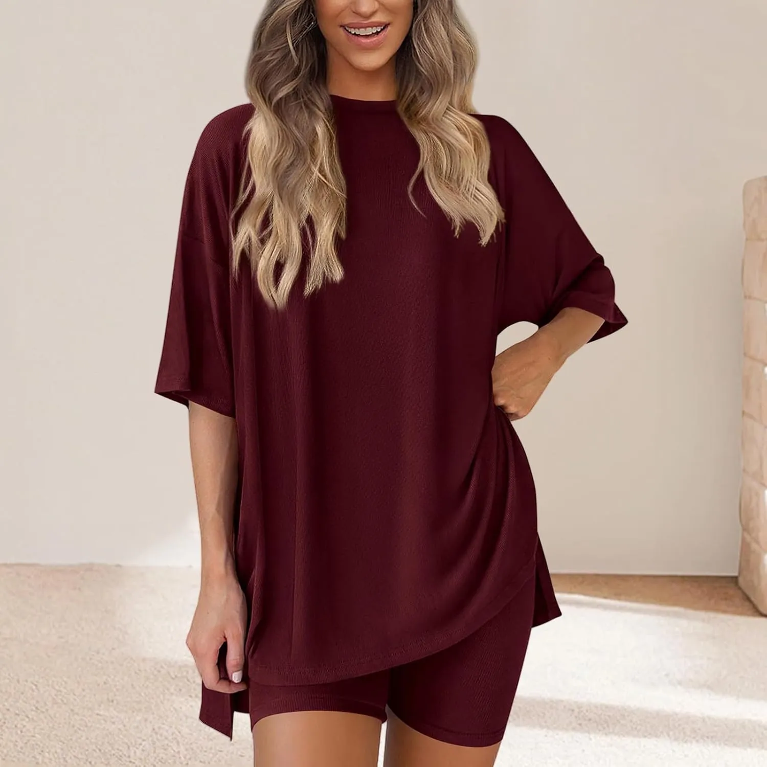 ZWRXW Womens Summer 2 Piece Sets Outfits Two Piece Lounge Set Casual Oversized Shirts Biker Short Matching Sets Comfy Pajamas