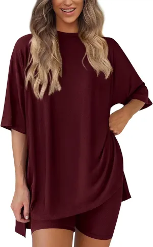 ZWRXW Womens Summer 2 Piece Sets Outfits Two Piece Lounge Set Casual Oversized Shirts Biker Short Matching Sets Comfy Pajamas