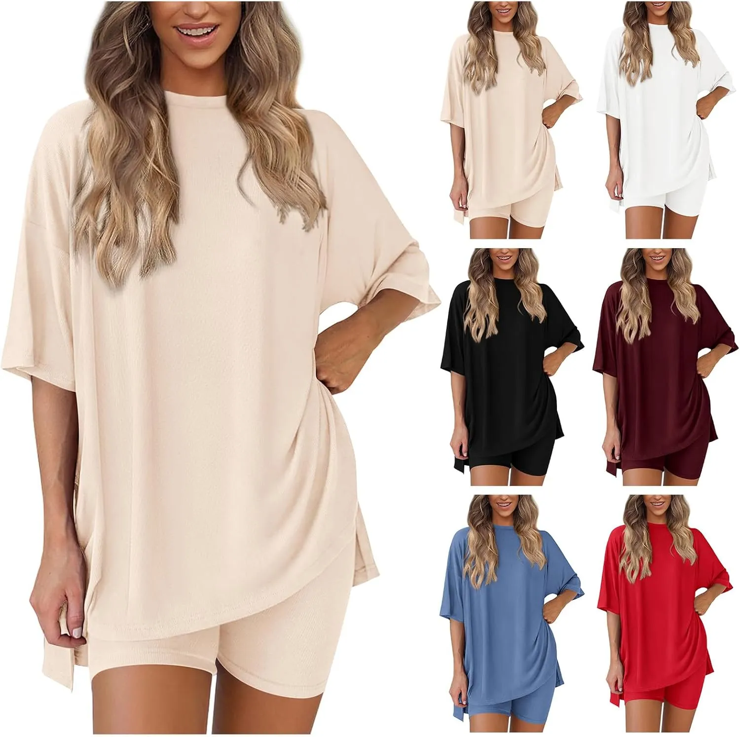 ZWRXW Womens Summer 2 Piece Sets Outfits Two Piece Lounge Set Casual Oversized Shirts Biker Short Matching Sets Comfy Pajamas
