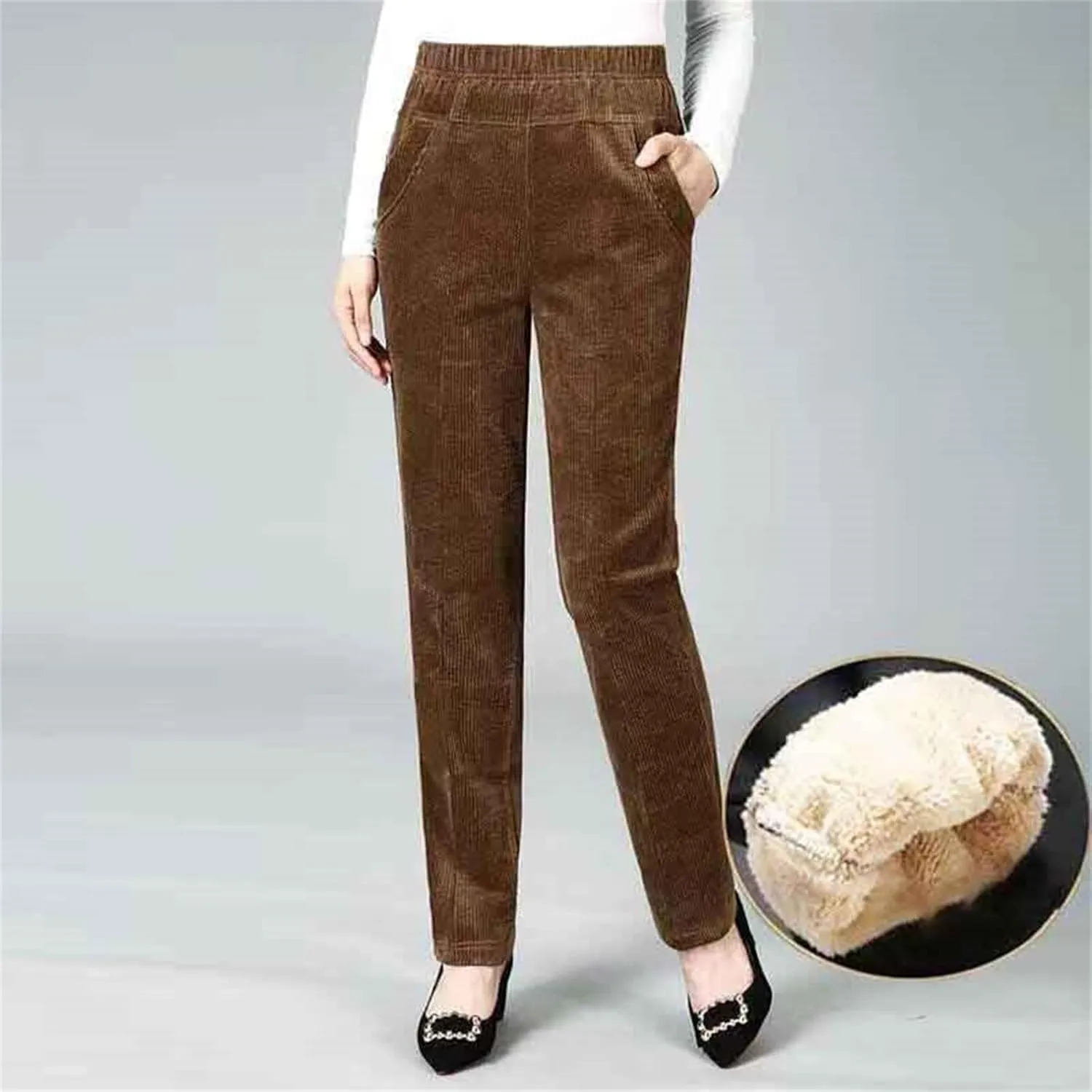 ZYXTIM Women's Fleece Lined Corduroy Pants Plus Size Elastic Waist Casual Pull On Soft Comfy Joggers Hiking Thermal Bottoms